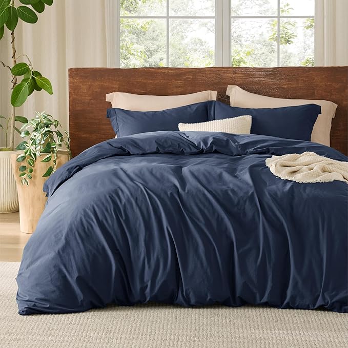 Bedsure 100% Washed Cotton Duvet Cover Queen Size - Navy Minimalist Cotton Duvet Cover Linen Like for All Seasons - GentleSoft™ Plain Simple Bedding (Navy, Queen, 90"x90")