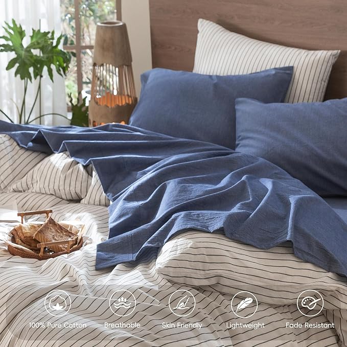 MooMee Bedding Sheet Set 100% Washed Cotton Linen Like Textured Breathable Durable Soft Comfy (Heathered Blue, Full)