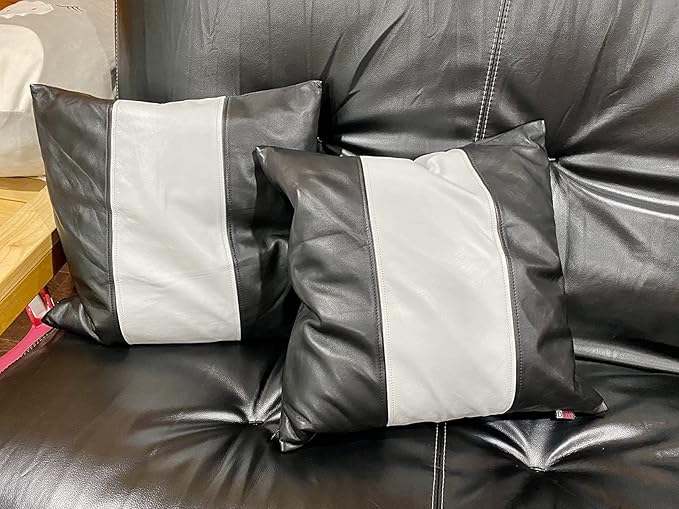 D DOLLY LAMB Lambskin Leather Pillow Cover - Sofa Cushion Case - Decorative Throw Covers for Living Room & Bedroom, 22x22 Inches - Black and White Pack of 1