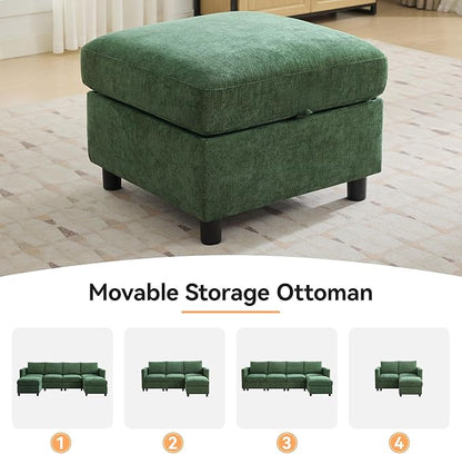 58”Modular Sectional Loveseat Sofa with Storage, Comfy Office L Shaped Sofa Couch, Chenille Love Seat Modular Sectional Couch with Movable Ottoman for Living Room, Bedroom, Dark Green
