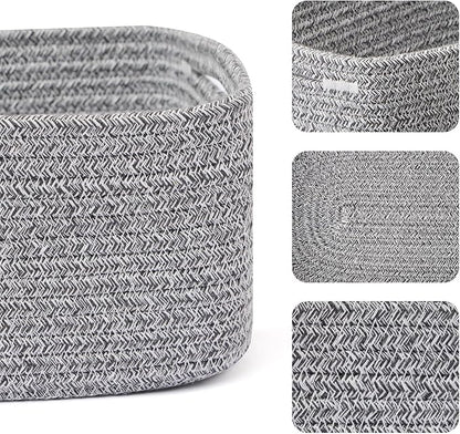 Small Storage Baskets for Organizing | Closet Organizer Bins | Shelf Toy Basket | Woven Rope Baskets | Cube Decorative Box | Shallow Basket | 13x8.5x5.1” | 4 Packs Mixed Grey