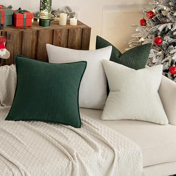 MIULEE 20x20 Inch Christmas Decorative Pillow Covers for Couch Bed Set of 2 Textured Boucle Neutral Winter Throw Pillows Dark Green Accent Solid Cushion Pillowcases Sofa Livingroom Home Decor