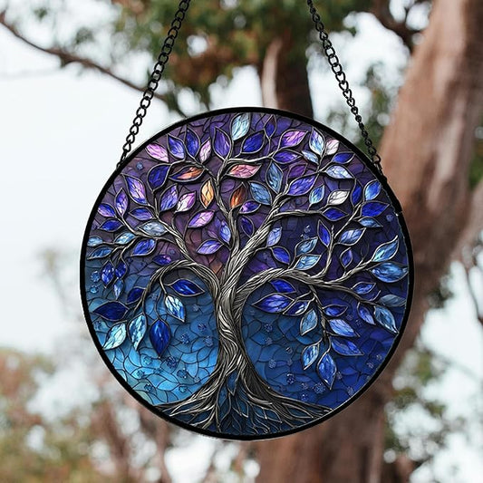 DASTOLL Stained Glass Window Hanging, Blue Purple Tree of Life Sun Catchers Colorful Glass Panel Plants Suncatcher Decor for Birthday for Women,Men,Wife, Lovers, and Mom 14.9x14.9 in