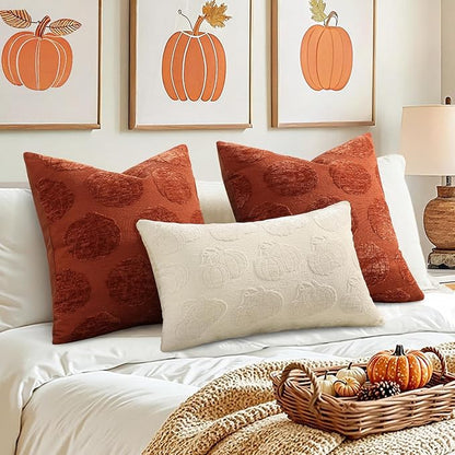 decorUhome Decorative Beige Pumpkin Thanksgiving Throw Pillow Covers 18x18 Set of 2, Soft Chenille Jacquard Farmhouse Textured Pillow Covers for Couch Bed Sofa Autumn Harvest Halloween Holiday