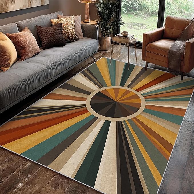 Cool Sun Rug, 7x9 Area Rugs Boho Striped Vintage Country Pattern for Living Room, Bedroom, Cool Sun Home Decor Accessories Indoor Carpet, Non Slip & Machine Washable