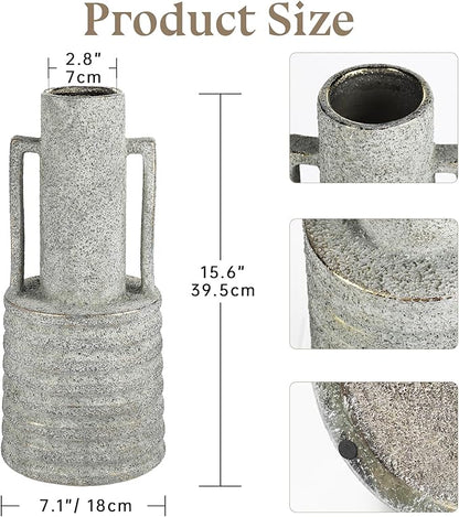Hollyone Large Vintage Ceramic Vase with 2 Handles, 15.6" Tall Gold-Toned Antique Rustic Decorative Floral Grey Vases for Flowers Home Table Centerpiece Shelf Living Room Entryway Farmhouse Decor