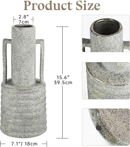 Hollyone Large Vintage Ceramic Vase with 2 Handles, 15.6" Tall Gold-Toned Antique Rustic Decorative Floral Grey Vases for Flowers Home Table Centerpiece Shelf Living Room Entryway Farmhouse Decor