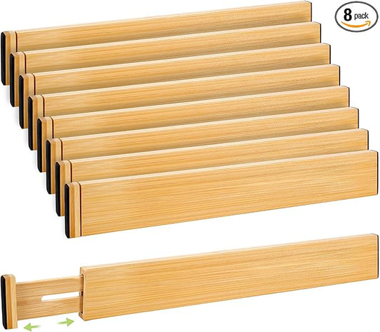 Drawer Divider, Adjustable Bamboo Kitchen Drawer Organizer, Spring Loaded Drawer Organizer, Dresser Separators for Kitchen, Bathroom, Clothes, Office Desk Storage (Natural, 8 Pack Large)