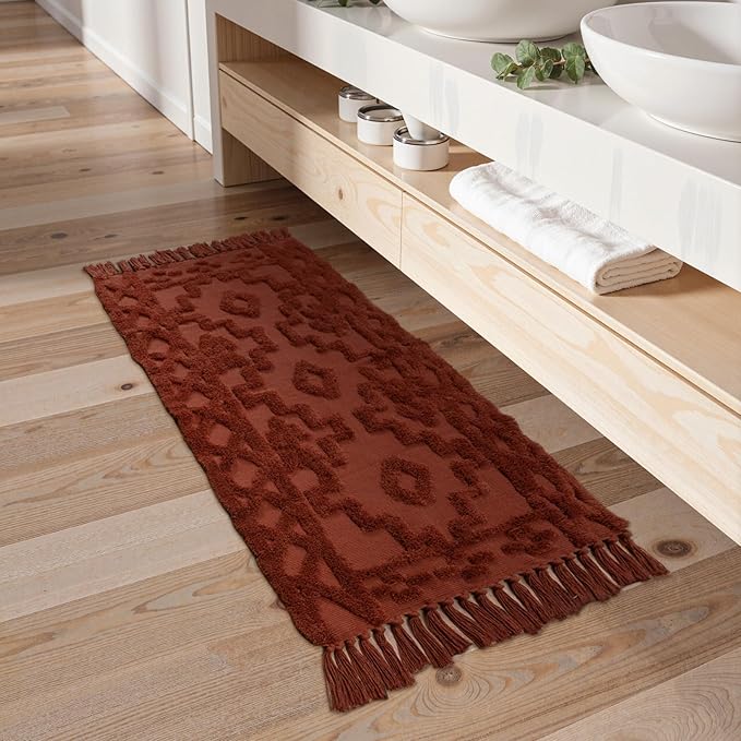 Uphome Boho Washable Runner Rugs 2' x 5', Woven Tufted Neutral Hallway Runner Rug with Fringe, Terracotta Cotton Farmhouse Entryway Rug, Tribal Accent Bedroom Floor Carpet for Bedside Laundry Kitchen