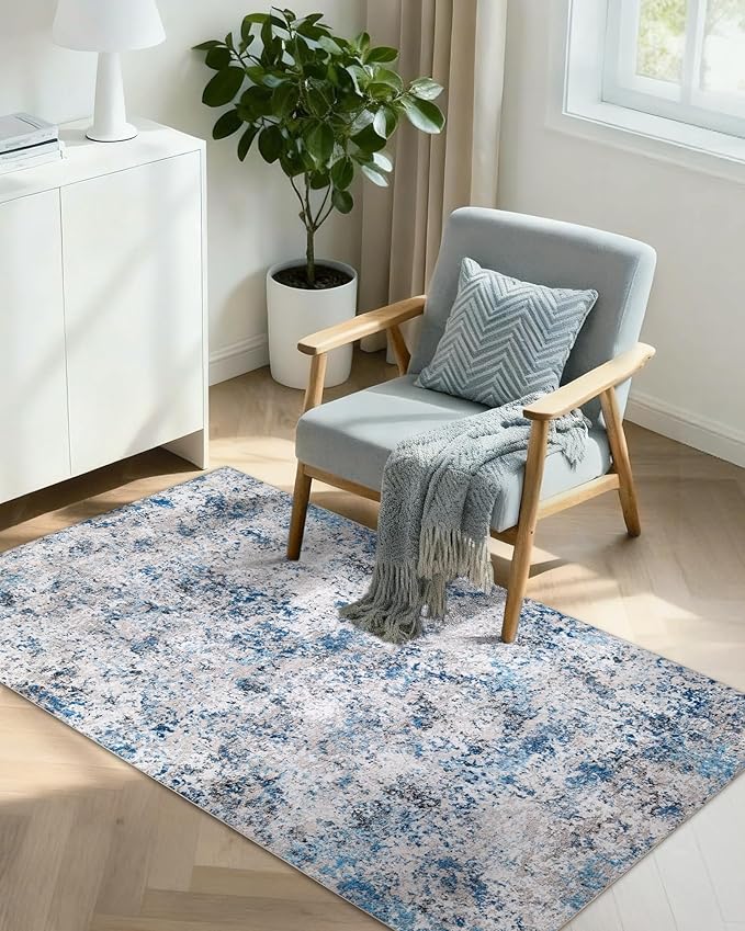 Modern Abstract Washable Area Rugs - 3x5 Contemporary Soft Mat Stain Resistant Non Slip Low Pile Indoor Throw Rug for Bedroom Kitchen Office Chair Desk - Grey/Blue
