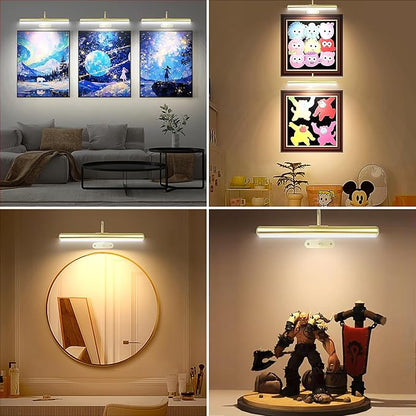 2Pack-Picture Light for Wall Artwork Rechargeable 5000mAh Painting Light with Controller, WARM/NATURE/COOL Colors,Dimmable 400LM Full Metal Wall Sconces Lamp Led for Picture Portrait Gallery-Gold