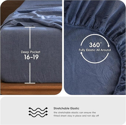 MooMee Bedding Sheet Set 100% Washed Cotton Linen Like Textured Breathable Durable Soft Comfy (Heathered Blue, King)