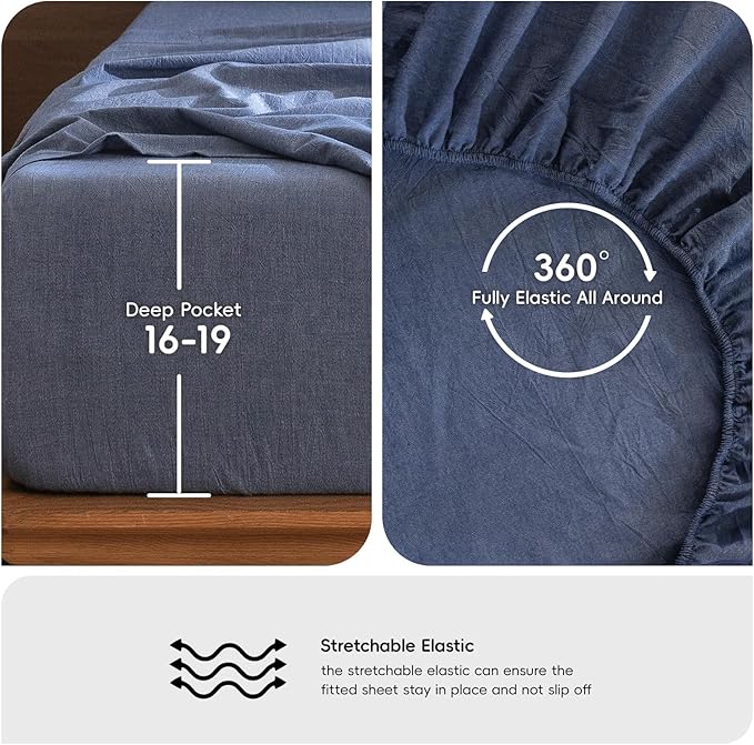 MooMee Bedding Sheet Set 100% Washed Cotton Linen Like Textured Breathable Durable Soft Comfy (Heathered Blue, Full)