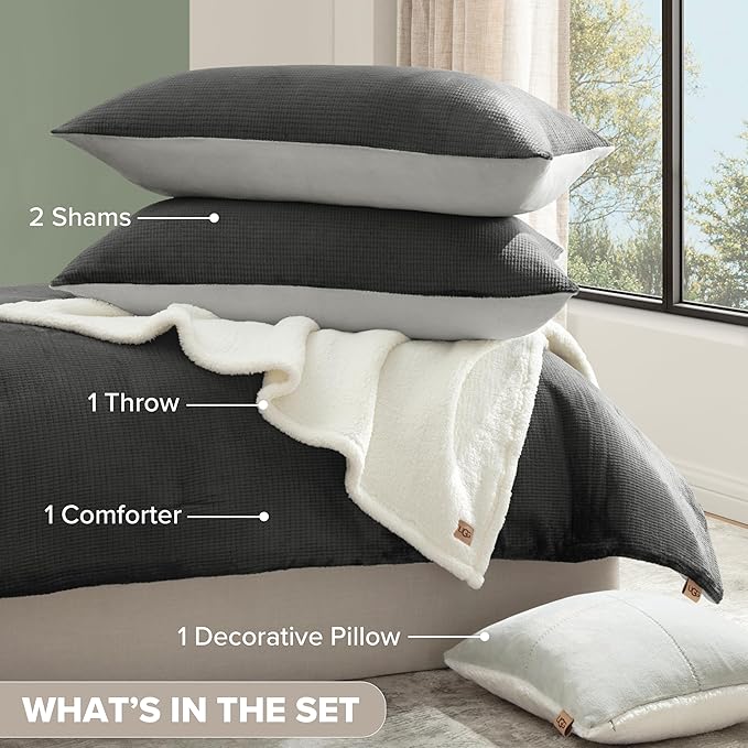 UGG Comforter Set 5 Piece Bed in a Bag with Throw Blanket, Decorative Pillow, Shams, and Reversible Comforter Hypoallergenic Washable Luxury Warm Fluffy Bedding Set, Charcoal Grey, King Size (Remina)