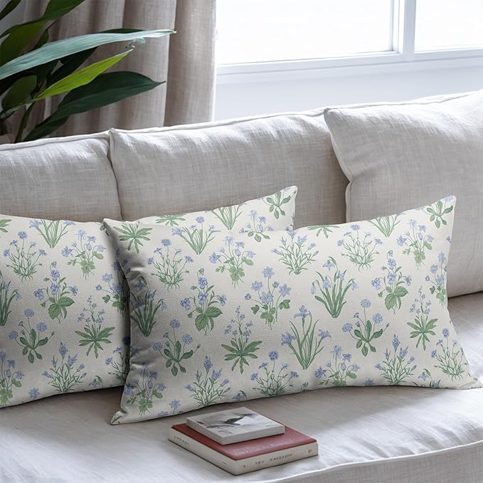 Sage Green Blue Block Print Pillow Covers 12x20 Set of 2 Decorations Vintage Floral Throw Pillow Covers Decor Cozy Soft Rustic Pillowcases Farmhouse Flower Printed for Sofa Bed Home Decorative