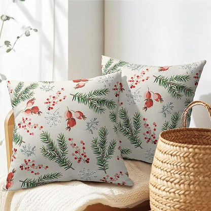 Beige Christmas Pillow Covers 24x24 Set of 2 Green Red Xmas Berries Twigs Rustic Decorative Outdoor Farmhouse Zipper Pillowcases Decorations Winter Holiday Throw Cushion Cover Decor for Couch Sofa Bed