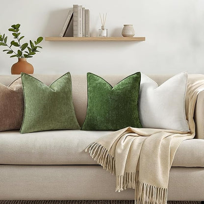 decorUhome Spring Couch Throw Pillow Covers 20x20 Set of 2, Decorative Soft Velvet Neutral Chenille Pillow Covers with Elegant Design for Sofa Bed Living Room Home Decor, Olive Green