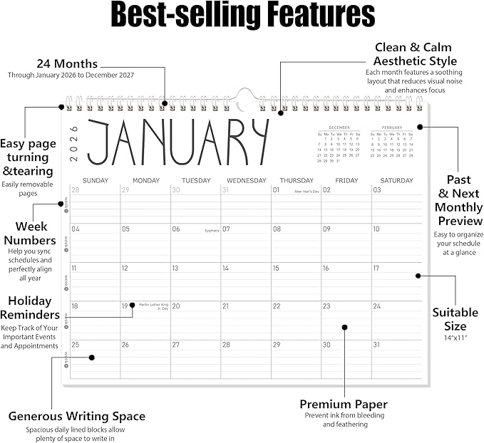 GuassLee Wall Calendar 2026-2027, 24-Month Wall Calendar Runs from January 2026 until December 2027,14" X 11" Hanging Monthly Planner with Thick Paper, Ruled Blocks for Home School Office Organizing