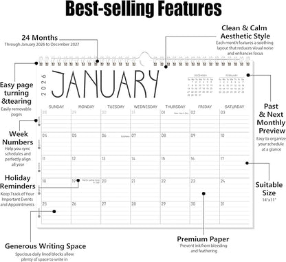 GuassLee Wall Calendar 2026-2027, 24-Month Wall Calendar Runs from January 2026 until December 2027,14" X 11" Hanging Monthly Planner with Thick Paper, Ruled Blocks for Home School Office Organizing