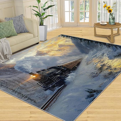 Train 4x5 Area Rugs,Forest and Mountains Bedroom Rug Winter Landscape Non-Slip Washable Rug for Living Room Nursery Kitchen Low-Pile Carpet