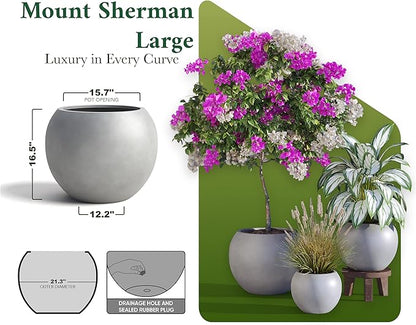 DTY Signature Mount Sherman 19.7''D x 21.7''H Modern Indoor Outdoor Fiberstone Sphere Planter, Durable Round Garden Pot, Weather Resistant, Drainage Hole & Rubber Plug - Large, Gray