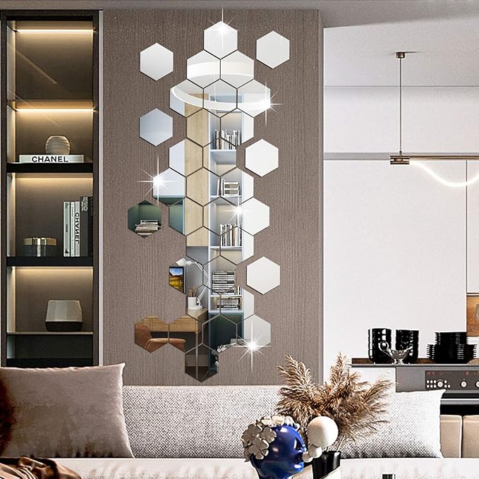 RW-103 36 PCS Acrylic Mirror Wall Stickers Hexagon Mirror Wall Decals DIY Removable 3D Geometric Hexagon Mirror Art Setting Wall Decor for Bedroom Living Room Office Kitchen Home Decoration (Silver)