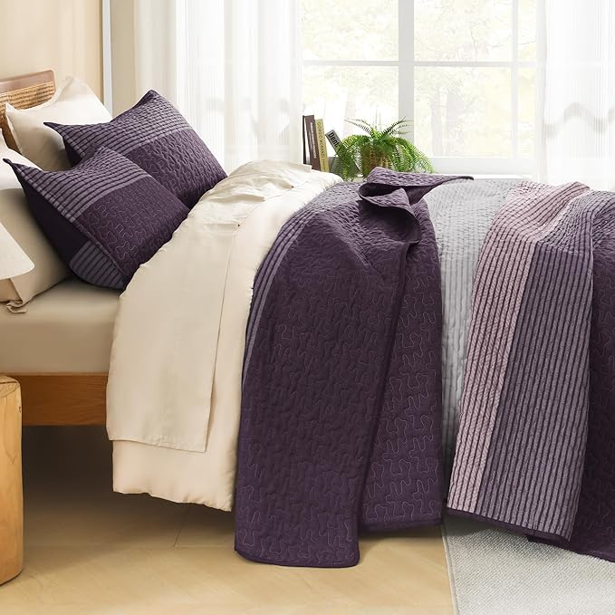 Litanika California King Quilt Set Purple and Grey - Cal King Oversized Stripe Comforter Bedspreads & Coverlets - Soft Lightweight Quilted Bedding Set for All Season(1 Quilt, 2 Pillowcases)