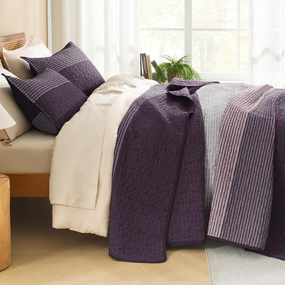 Litanika California King Quilt Set Purple and Grey - Cal King Oversized Stripe Comforter Bedspreads & Coverlets - Soft Lightweight Quilted Bedding Set for All Season(1 Quilt, 2 Pillowcases)