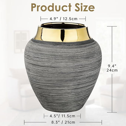 Rustic Ceramic Vase with Gold Rim – 9.4" Decorative Flower Vases for Living Room, Dining Table Centerpiece & Shelf Décor – Modern Farmhouse, Boho & Contemporary Home Accents