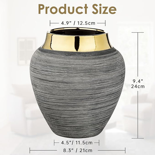 Rustic Ceramic Vase with Gold Rim – 9.4" Decorative Flower Vases for Living Room, Dining Table Centerpiece & Shelf Décor – Modern Farmhouse, Boho & Contemporary Home Accents