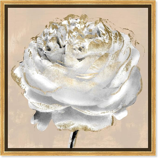 Art Remedy Beige Ranunculus Canvas Elegant White Gold Wall Art, Gold Frame, 16" x 16"