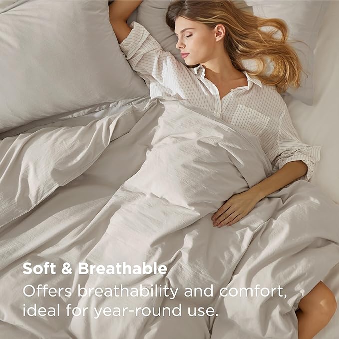 Bedsure 100% Stone Washed Cotton Duvet Cover King - Light Greige Minimalist Cotton Duvet Cover Linen Like for All Seasons - GentleSoft™ Plain Simple Bedding (Light Greige, King, 104"x90")