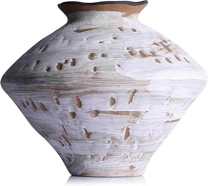 Wabi Sabi Rusty Vintage Vase, 11.4" Tall Wabi Sabi Decor Rustic Farmhouse Pottery Vase for Centerpiece, Textured Pottery Flower Vases for Home Decorative, Table, Living Room (White, Large)