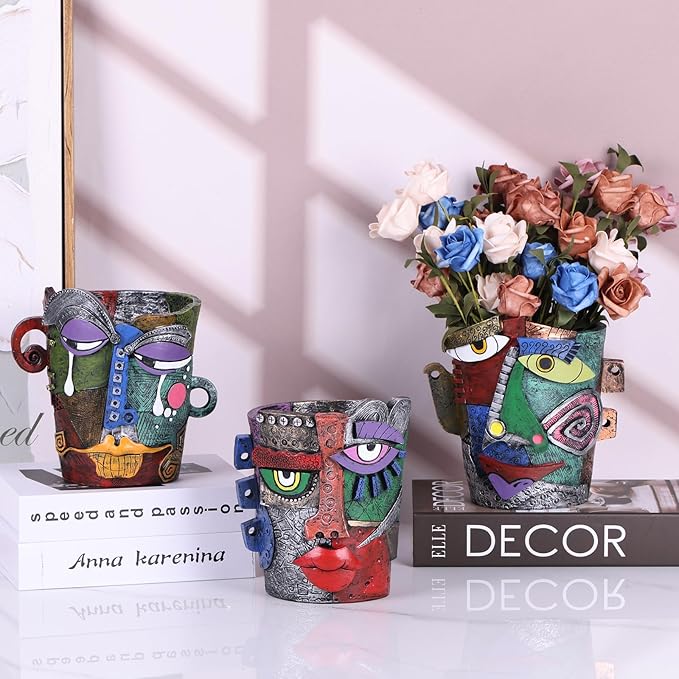 Picasso Brutalist Abstract Beauty Face Flower Pot,Decorative Colorful Head Planter for Patio,Funky Plant Pots,Unique Large Flower Vase for Indoor Plants,Funny Flower Vases Pots