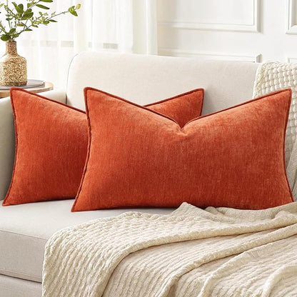 decorUhome Spring Couch Throw Pillow Covers 12x20 Set of 2, Decorative Soft Velvet Neutral Chenille Lumbar Pillow Covers with Elegant Design for Sofa Bed Living Room Home Decor, Rust