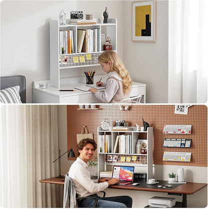Desktop Bookshelf,Countertop Storage Hutch with 3 Shelves for Computer Desk，2-Tier Display Rack with Grid Panel, Multipurpose Wood Desk Hutch Storage Organizer for Home Office Dorm (White)