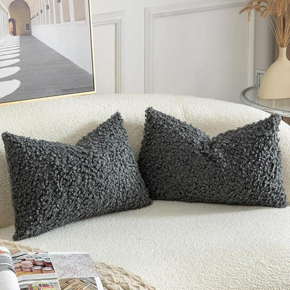 Yaertun Pack of 2 Faux Fur Throw Pillow Covers Decorative Sherpa Boucle Pillow Covers Fuzzy Soft Pillowcases Sheepskin Fleece Cushion Case for Couch Sofa Bed Living Room 12x20 Inch Grey
