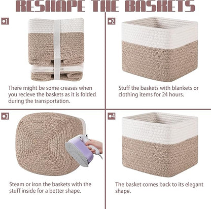 OIAHOMY 9”x9”x7” Storage Cubes, Cotton Rope Woven Baskets for Organizing, Cube Storage Bin, Small Gift Basket for Shelf, 3-Pack, Brown&White