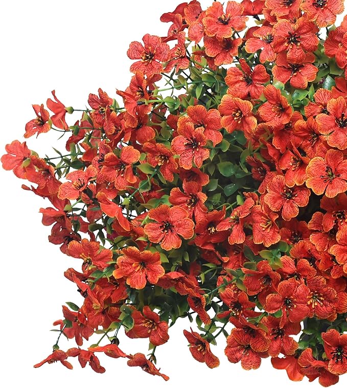 16 Bundles Artificial Flowers – UV Resistant Faux Mums in Orange for Garden, Patio, Porch & Home Décor, Realistic Fake Flowers for Wedding & Yard Decoration