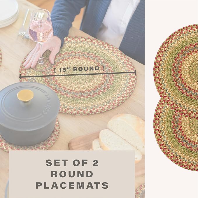 Homespice Azalea Round Braided Placemats, Warm Country Primitive Decor, Set of 2, 15" Multicolor Jute Table Mats - Vibrant Colors, Durable, Easy to Clean and Protects Furniture