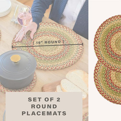 Homespice Azalea Round Braided Placemats, Warm Country Primitive Decor, Set of 2, 15" Multicolor Jute Table Mats - Vibrant Colors, Durable, Easy to Clean and Protects Furniture