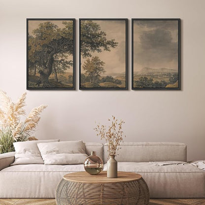 MUDECOR Framed Wall Art Print Set Vintage Landscape Rustic Tree and Mountain View Illustrations Decorative Colorful for Living Room, Bedroom, Office - 16"x24"x3 Black