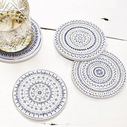 AD Set of 6 Coasters for Drinks Absorbing Round Ceramic Stone Coaster with Cork Base,Tabletop Protection Mat for Mugs and Cups,Office,Kitchen (Nordic Blue with Holder)