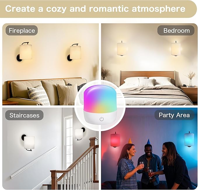 Rechargeable Battery Operated Wall Sconces Set of 2, Wireless Wall Lights with Remote Control 12 RGB Colors Magnetic Bulbs 5200mAh Battery Wireless Sconces for Bedroom Living Room (Black)