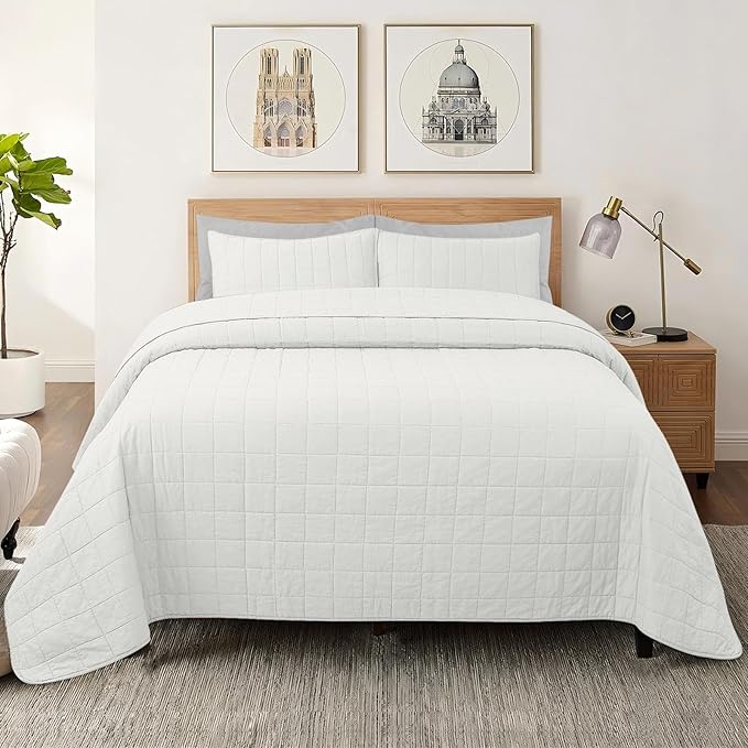 100% Cotton Quilt Sets Queen Size- Soft Lightweight Quilt Bedding Set for Bedroom Decor- Bedspread in Geometric Pattern with 2 Pillow Shams for All Season, 90x98 inches