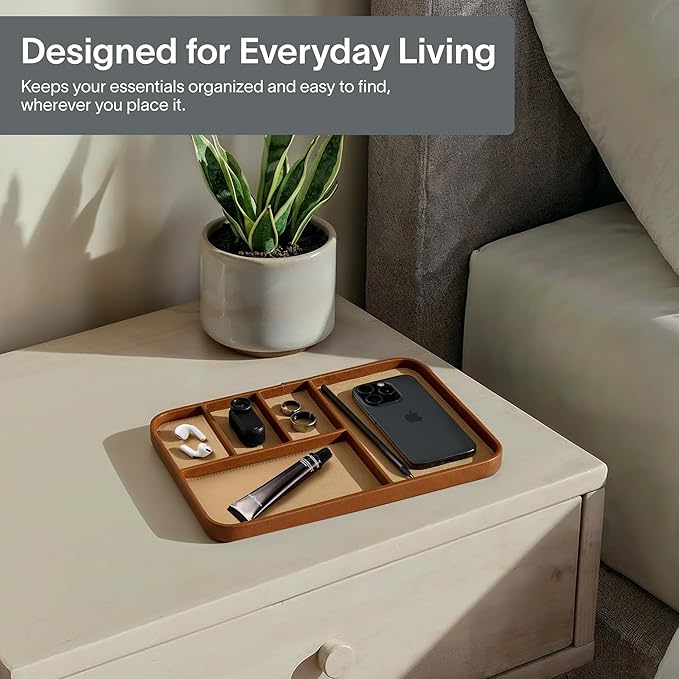 Nordik Leather Valet Tray - Sand Brown - 11.8x7.9 Inch Large Vegan Leather Tray - Stylish Nightstand Organizer for Men - Modern Bedside Caddy - EDC Catchall for Key Watch Wallet Jewellery