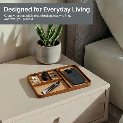 Nordik Leather Valet Tray - Sand Brown - 11.8x7.9 Inch Large Vegan Leather Tray - Stylish Nightstand Organizer for Men - Modern Bedside Caddy - EDC Catchall for Key Watch Wallet Jewellery