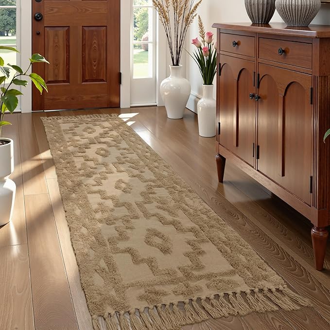 Uphome Boho Runners for Hallways 2.6' x 8', Washable Farmhouse Entryway Runner Rug, Cotton Tufted Bedroom Runner Rugs, Bohemian Tribal Aesthetic Rug for Kitchen Doorway Bathroom Living Room, Khaki