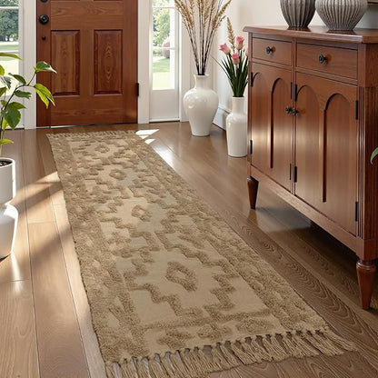 Uphome Boho Runners for Hallways 2.6' x 8', Washable Farmhouse Entryway Runner Rug, Cotton Tufted Bedroom Runner Rugs, Bohemian Tribal Aesthetic Rug for Kitchen Doorway Bathroom Living Room, Khaki