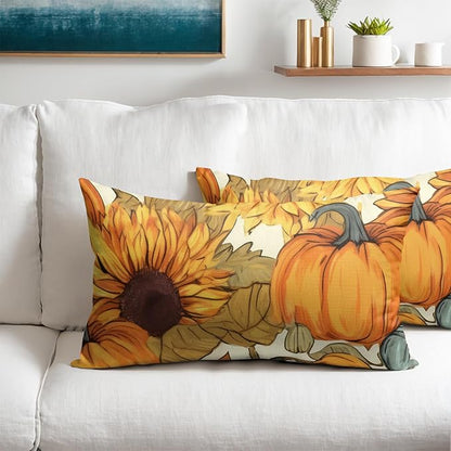 Pumpkin Fall Lumbar Pillow Covers 12x20 Set of 2 Burnt Orange Autumn Thanksgiving Pillow Cases Sunflower Outdoor Decorative Holiday Cushion Cover Rustic Decoration Farmhouse Home Sofa Couch Bed Decor